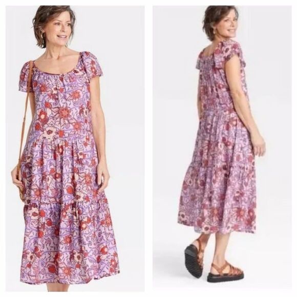 Knox Rose Midi Dress Floral Flutter Tiered A-Line Purple Pockets Boho XL - Picture 1 of 10